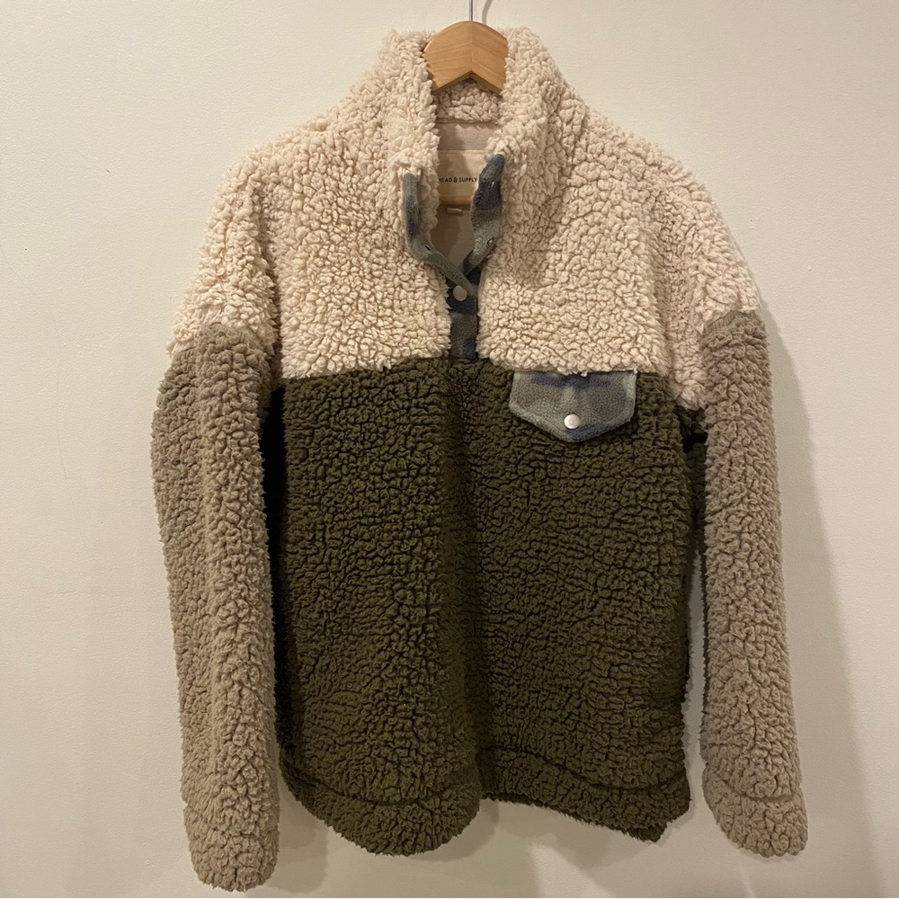 Cozy Colorblock Sherpa Pullover Sweater - Olive & Cream